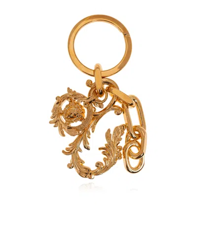Versace Logo-engraved Charm Keychain In Gold