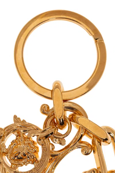 Versace Logo-engraved Charm Keychain In Gold
