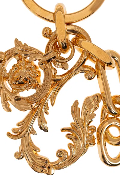 Versace Logo-engraved Charm Keychain In Gold