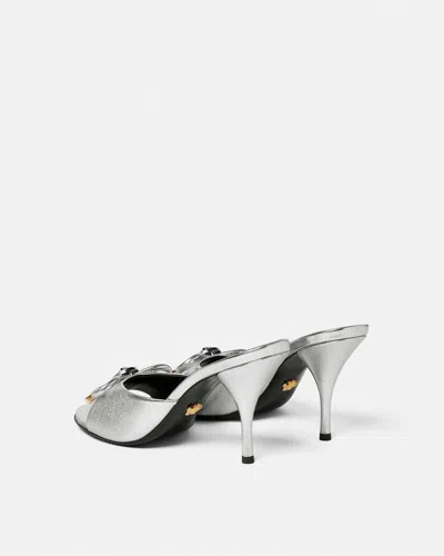 Versace Opera Bow 85 Metallic Leather Mules In Silver