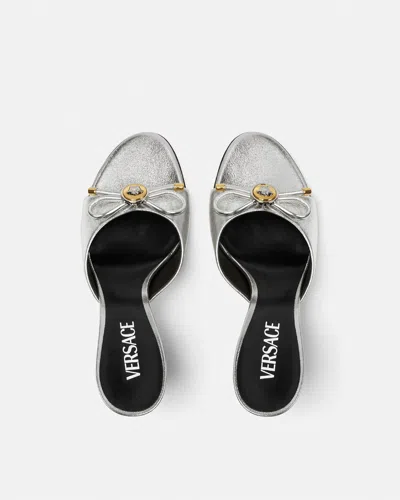 Versace Opera Bow 85 Metallic Leather Mules In Silver