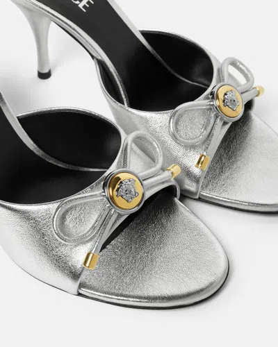 Versace Opera Bow 85 Metallic Leather Mules In Silver