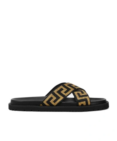Versace Greca-motif Crossover-strap Sandals In Black