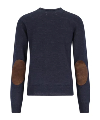 Maison Margiela Crewneck Sweater With Ribbed Cuffs And Elbow Patches In Blue