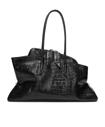 Attico La Passegiata Medium Asymmetric Croc-effect Leather Tote In Black