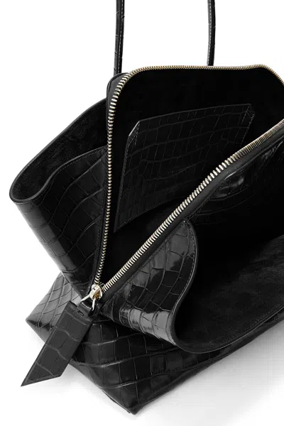 Attico La Passegiata Medium Asymmetric Croc-effect Leather Tote In Black