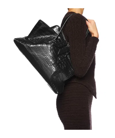 Attico La Passegiata Medium Asymmetric Croc-effect Leather Tote In Black
