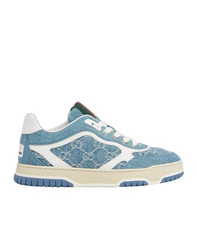 Gucci Denim Sneakers With Monogram Pattern In Blue