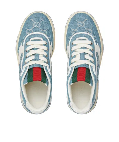 Gucci Denim Sneakers With Monogram Pattern In Blue