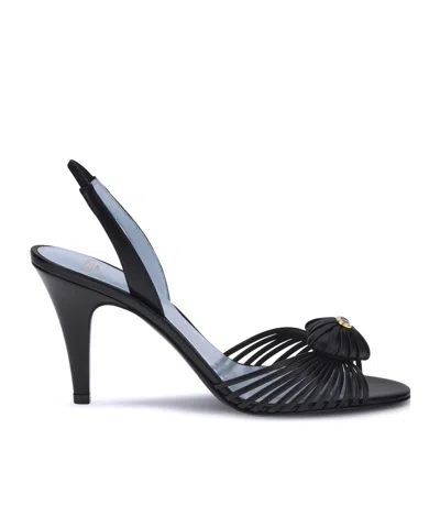 Valentino Black Slingback Leather Woven Heart Heeled Sandals In Black