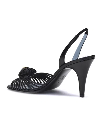 Valentino Black Slingback Leather Woven Heart Heeled Sandals In Black
