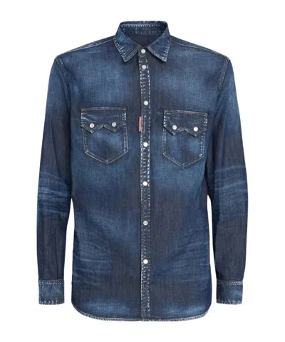 Dsquared2 Dan Shirt In Washed Blue Denim In Blue