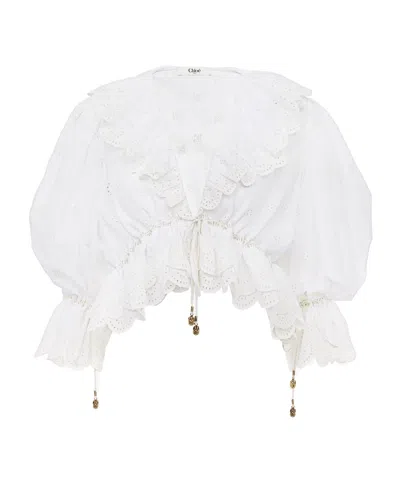 Chloé V-neck Ruffle Top In Cotton Voile In White