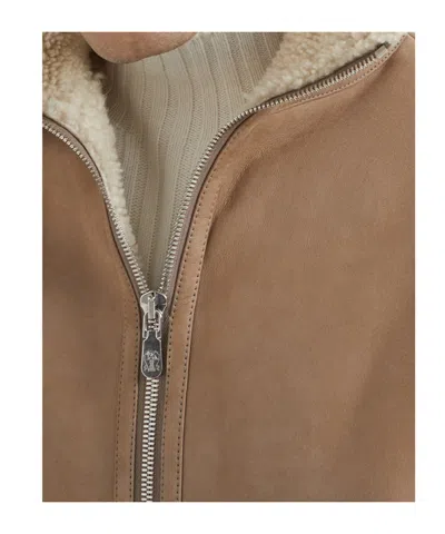 Brunello Cucinelli Suede Curly Shearling Bomber Jacket With Cashmere Knit Collar In Brown