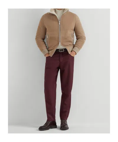 Brunello Cucinelli Suede Curly Shearling Bomber Jacket With Cashmere Knit Collar In Brown