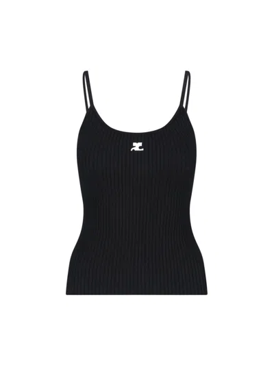 Courrèges Ribbed Spaghetti Strap Top With Elegant Logo Detail And Luxurious Fabric Blend In Black