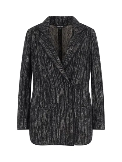 Giorgio Armani Tailored Jacket With Patterned Notched Lapels In Black