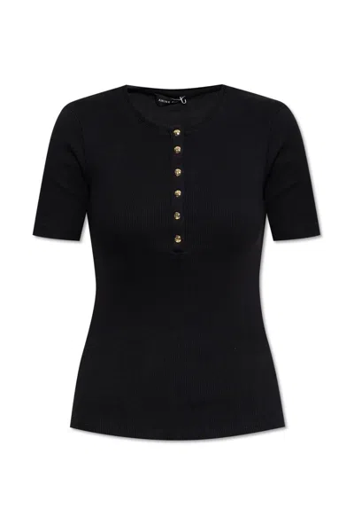 Anine Bing Ribbed Texture Short Sleeved T Shirt With Button Detailing In Black
