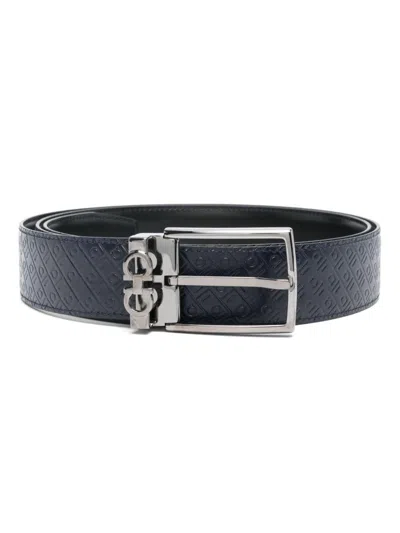 Ferragamo Double Gancini Logo-debossed Leather Belt In Black