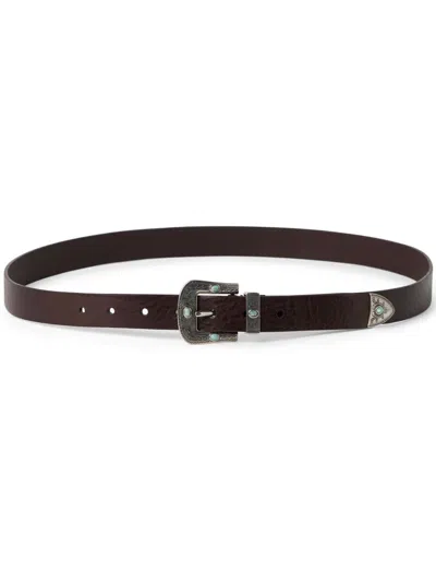 Brunello Cucinelli Leather Belt With Turquoise Stone Embellishments In Black