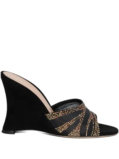 Gianvito Rossi Camoscio Mesh Crystal And Suede Wedge Sandals In Black