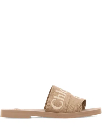 Chloé Chloe Women Beige Linen Woody Slippers In Brown