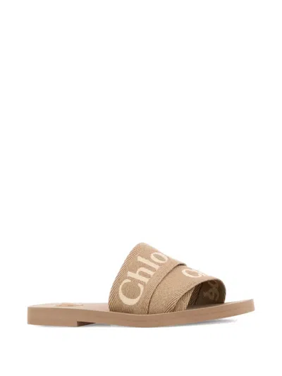 Chloé Chloe Women Beige Linen Woody Slippers In Brown