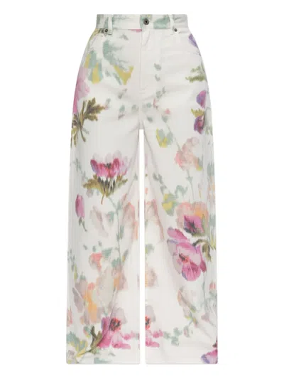 Loewe Floral Print Wide Leg Denim Trousers In White