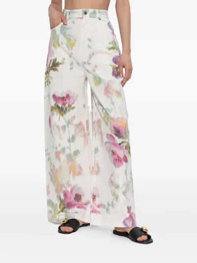Loewe Floral Print Wide Leg Denim Trousers In White
