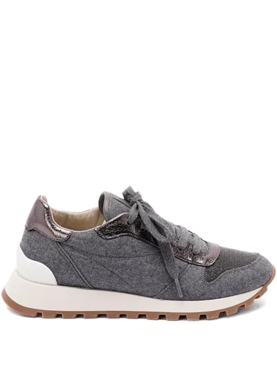 Brunello Cucinelli Textured Lace-up Sneakers In Gray