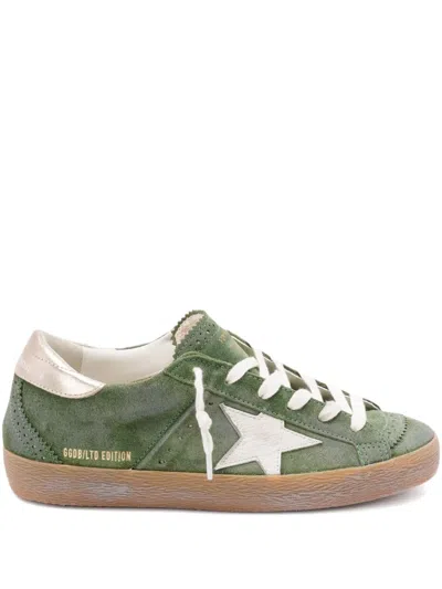 Golden Goose Super-star Distressed Suede And Metallic Leather Trainers In Green