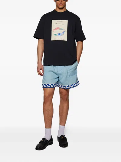 Bode Seedling Leaf-embroidered Elasticated Shorts In Blue