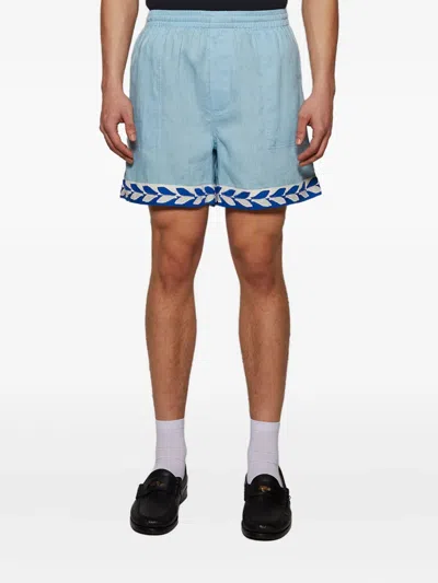 Bode Seedling Leaf-embroidered Elasticated Shorts In Blue