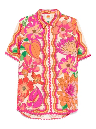 Farm Rio Spring Affair Linen Short-sleeve Buttondown Shirt In Pink