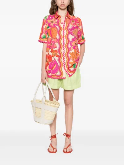 Farm Rio Spring Affair Linen Short-sleeve Buttondown Shirt In Pink