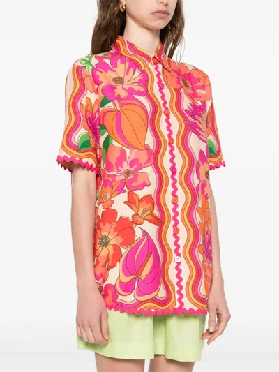 Farm Rio Spring Affair Linen Short-sleeve Buttondown Shirt In Pink