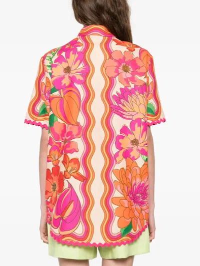 Farm Rio Spring Affair Linen Short-sleeve Buttondown Shirt In Pink