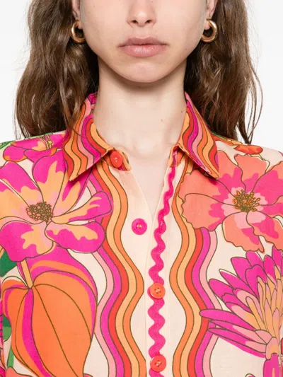 Farm Rio Spring Affair Linen Short-sleeve Buttondown Shirt In Pink