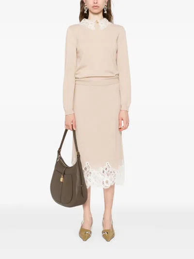 Fabiana Filippi Midi Skirt With Lace Trim And Elastic Waist In Nude