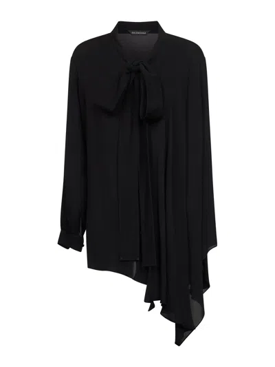 Balenciaga Black Georgette Scarf Blouse In Black