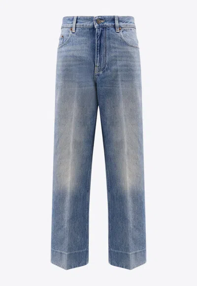 Valentino Checkered Detail Denim Trousers In Blue