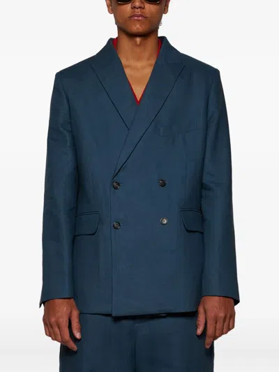 Bode Double-breasted Linen Jacket In Blue