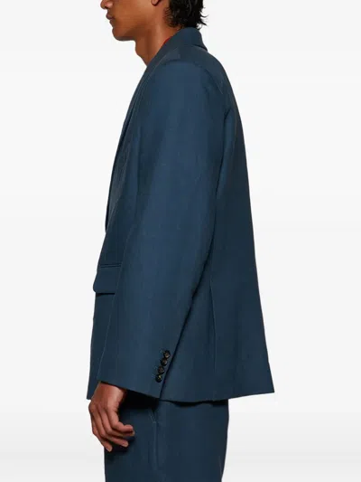 Bode Double-breasted Linen Jacket In Blue