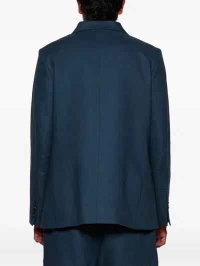 Bode Double-breasted Linen Jacket In Blue
