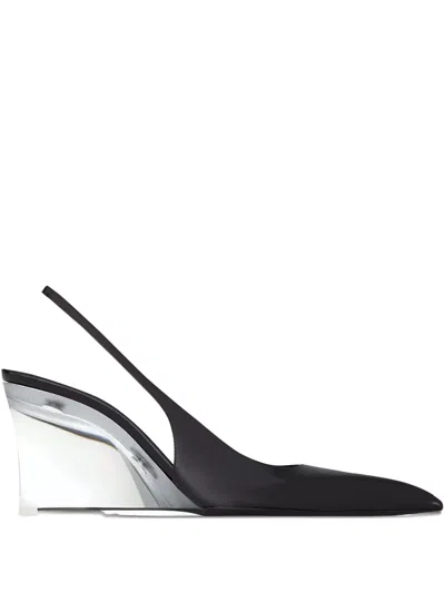 Saint Laurent Pointed Toe Glazed Leather Wedges With Transparent Heel In Black