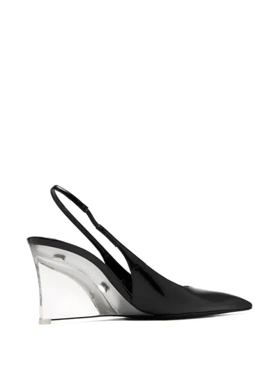Saint Laurent Pointed Toe Glazed Leather Wedges With Transparent Heel In Black