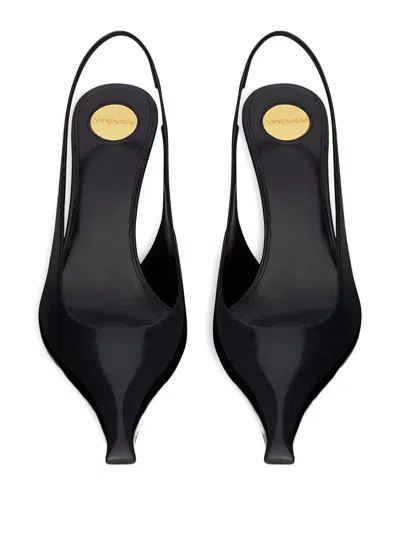 Saint Laurent Pointed Toe Glazed Leather Wedges With Transparent Heel In Black