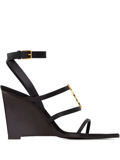 Saint Laurent Black Wedges With Metallic Cassandre Detail And Adjustable Leather Strap In Leather Women