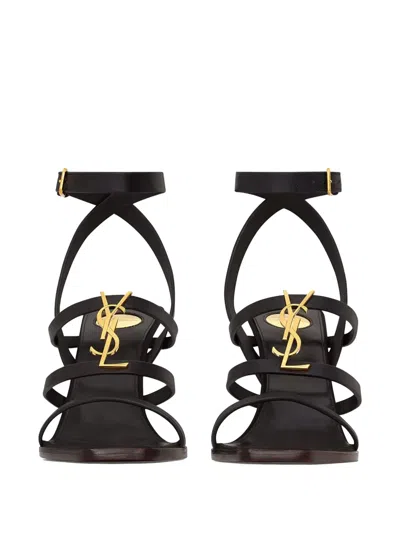 Saint Laurent Black Wedges With Metallic Cassandre Detail And Adjustable Leather Strap In Leather Women