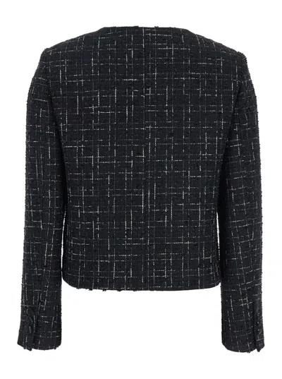 Plain Black Jacket With Round Neck And Front Button Closure In Black